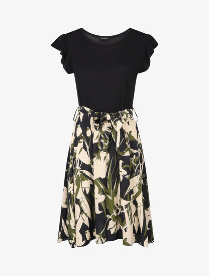 Robe évasée bi-matière imprimé graphique - Noir - 1