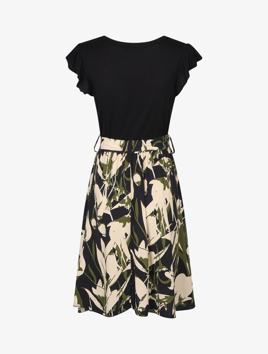 Robe évasée bi-matière imprimé graphique - Noir - 2
