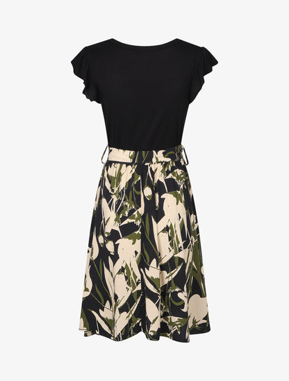 Robe évasée bi-matière imprimé graphique - Noir - 2