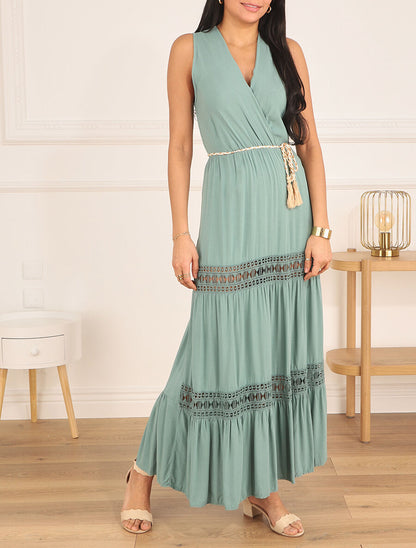 Robe longue unie à col cache-coeur - Vert d&