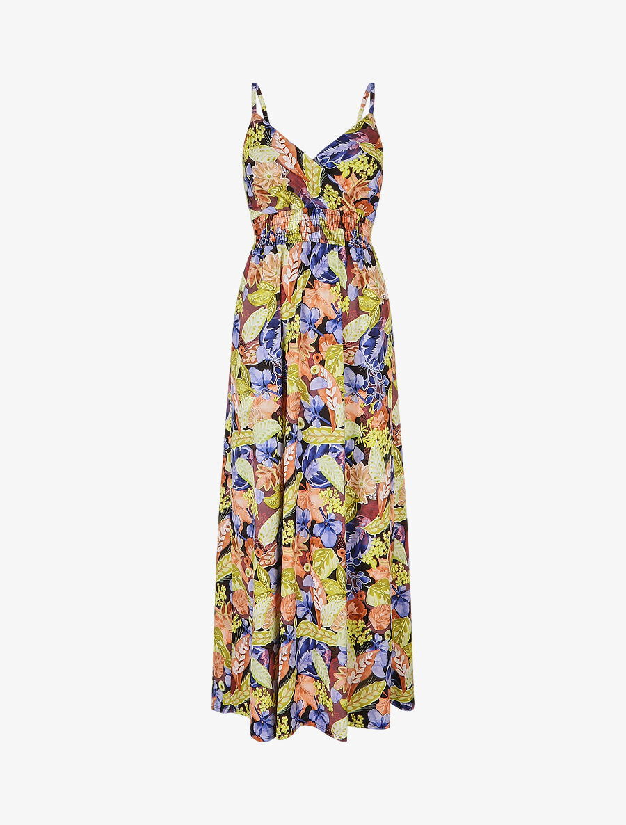 Robe longue imprimé fleuri à taille élastiquée - Noir - 1