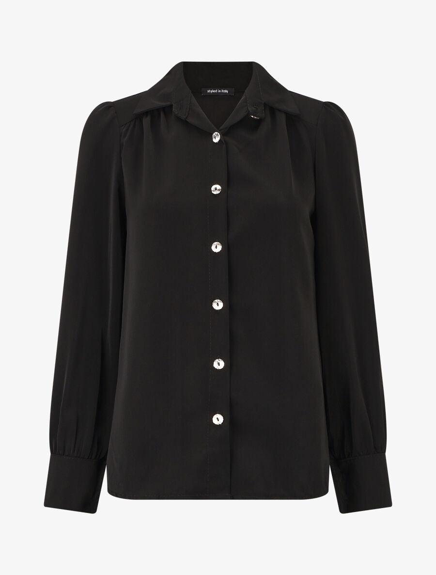 Blouse unie à manches longues - Noir - 1