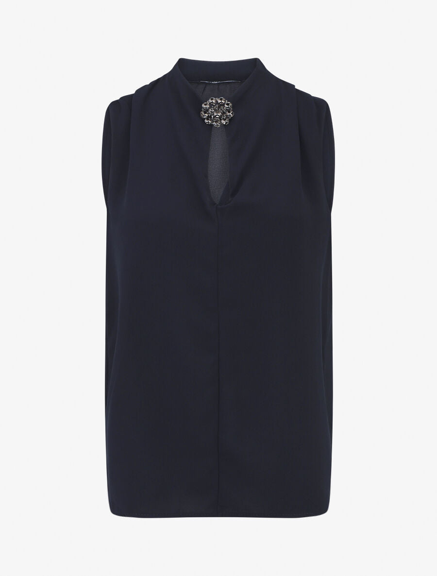Blouse unie en voile à détail bijoux - Marine - 5