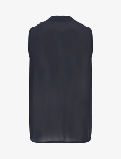 Blouse unie en voile à détail bijoux - Marine - 2