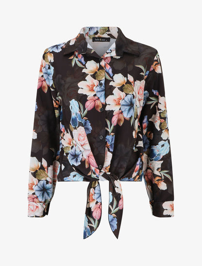 Blouse à nouer imprimé fleuri - Noir - 1