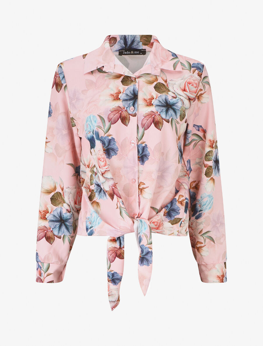 Blouse à nouer imprimé fleuri - Rose - 1