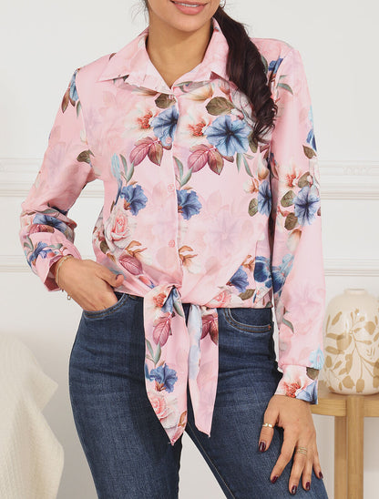 Blouse à nouer imprimé fleuri - Rose - 4