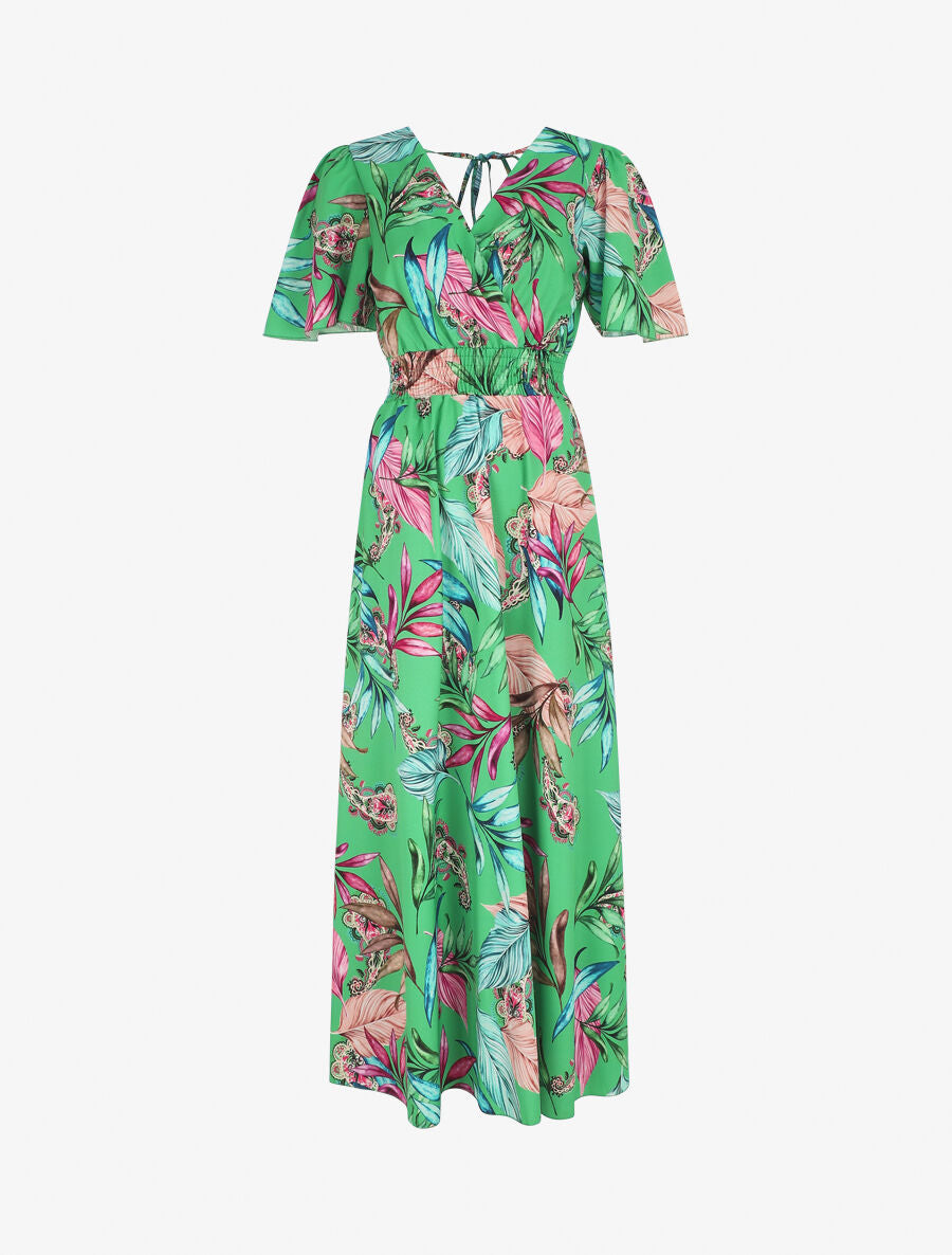 Robe longue imprimé fleuri à manches courtes - Vert - 5