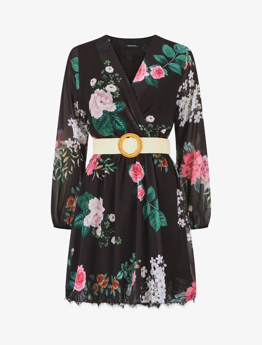 Robe mi-longue imprimé fleurs à taille élastiquée - Noir - 1