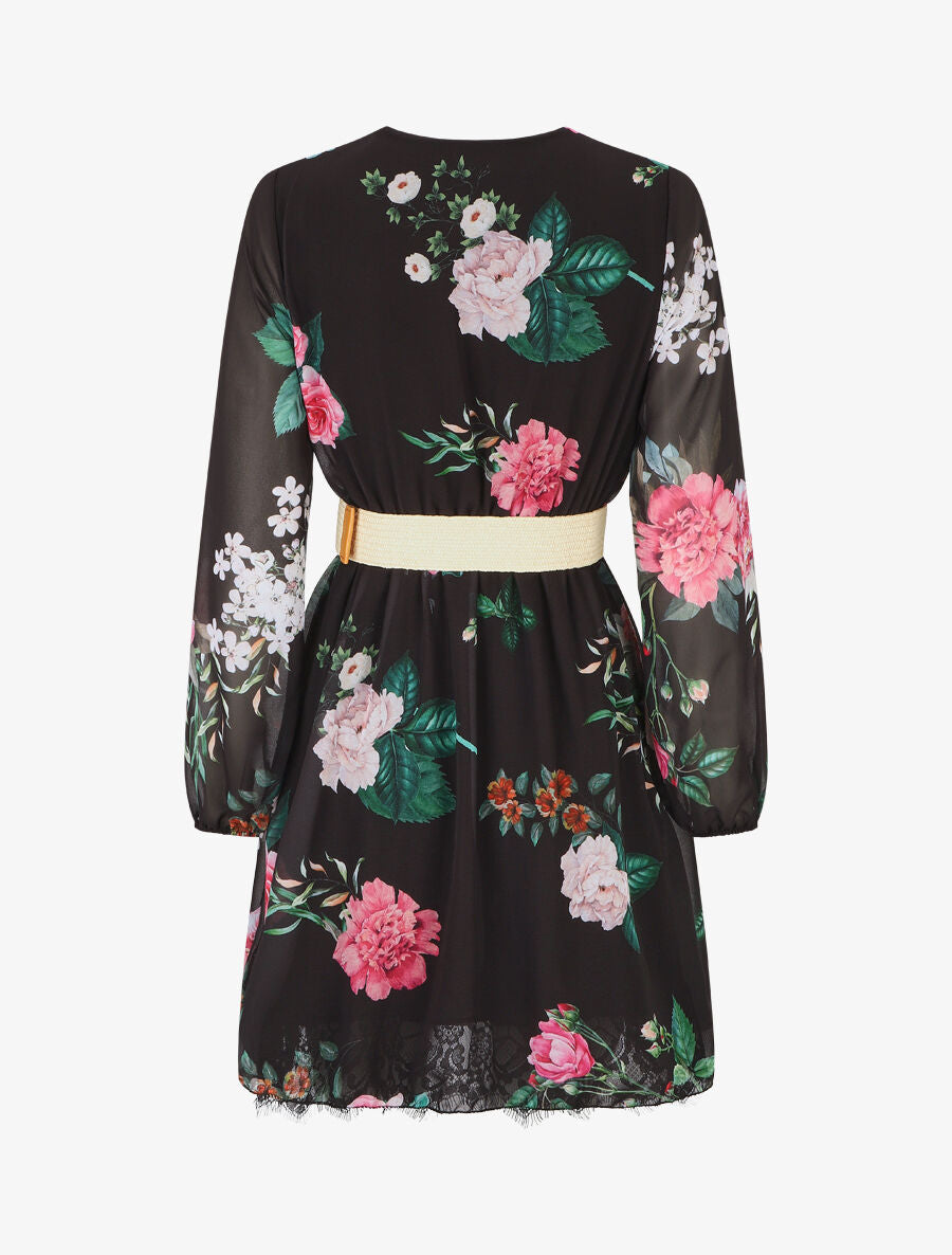 Robe mi-longue imprimé fleurs à taille élastiquée - Noir - 2