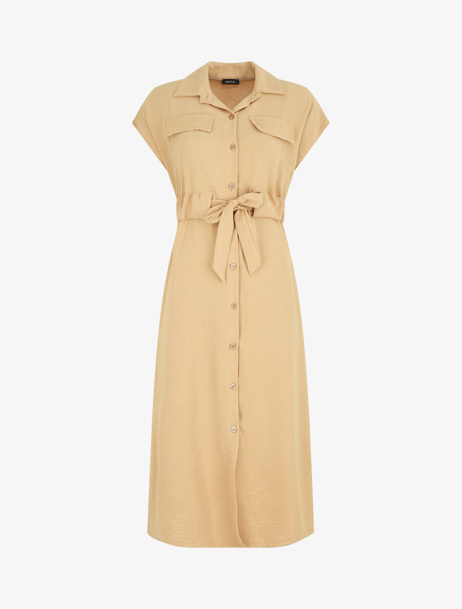 Robe longue style chemise à manches longues - Camel - 1