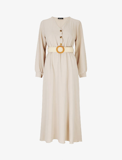 Robe longue évasée unie à manches longues - Beige - 1