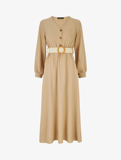 Robe longue évasée unie à manches longues - Camel - 1