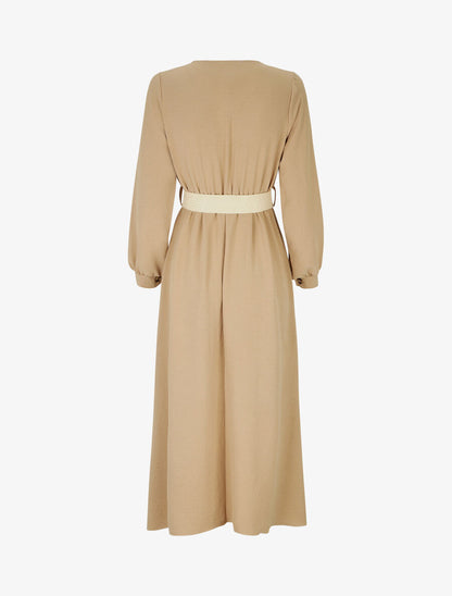 Robe longue évasée unie à manches longues - Camel - 2