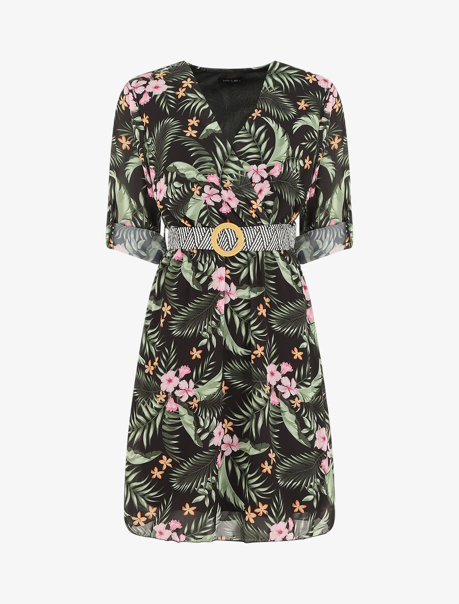 Robe imprimé tropical à taille élastiquée - Noir - 1