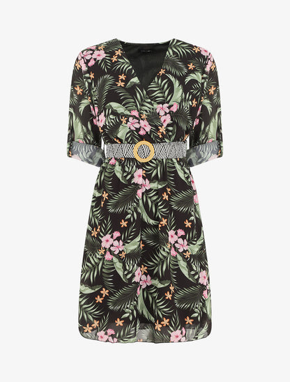 Robe imprimé tropical à taille élastiquée - Noir - 1