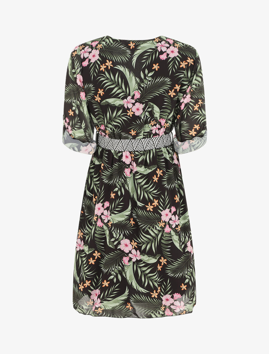 Robe imprimé tropical à taille élastiquée - Noir - 2