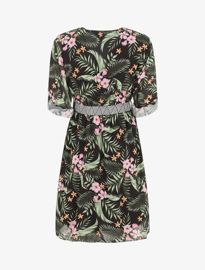 Robe imprimé tropical à taille élastiquée - Noir - 2