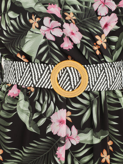 Robe imprimé tropical à taille élastiquée - Noir - 3
