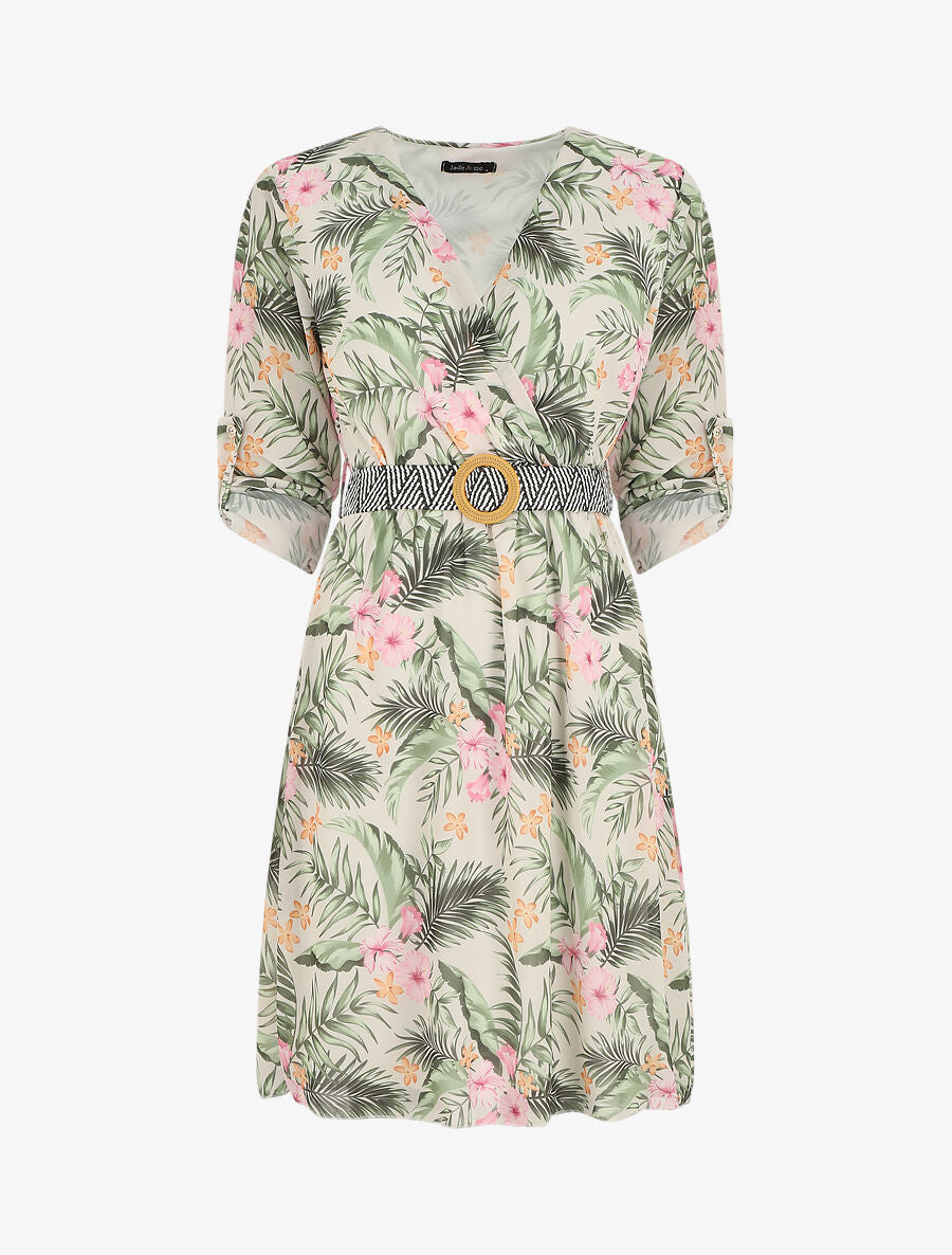 Robe imprimé tropical à taille élastiquée - Beige - 5