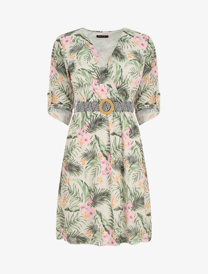 Robe imprimé tropical à taille élastiquée - Beige - 5