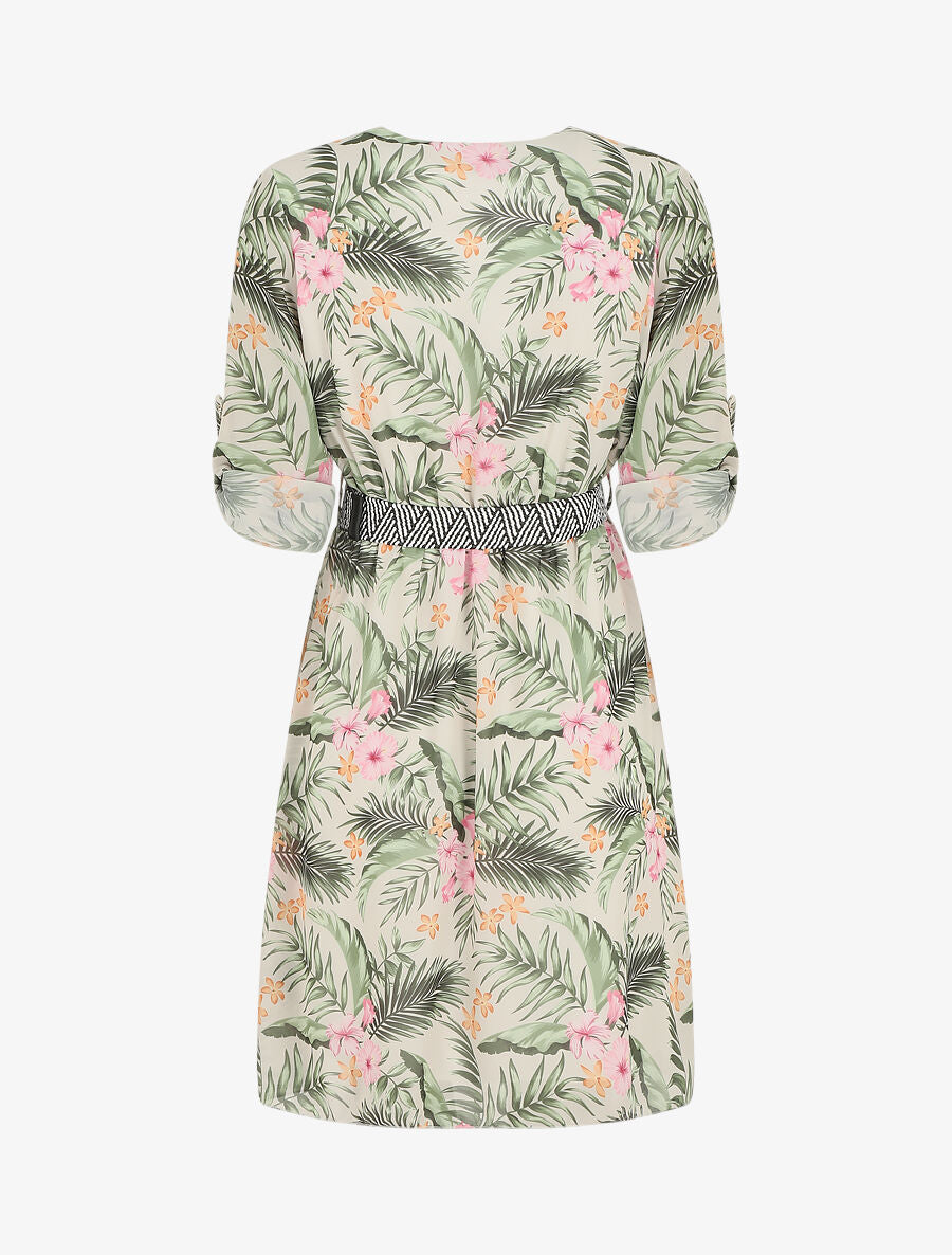 Robe imprimé tropical à taille élastiquée - Beige - 2