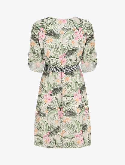 Robe imprimé tropical à taille élastiquée - Beige - 2