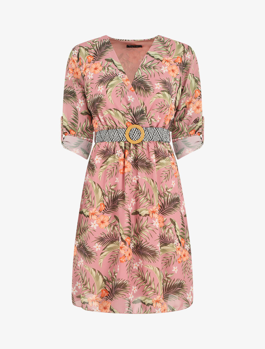 Robe imprimé tropical à taille élastiquée - Vieux rose - 1