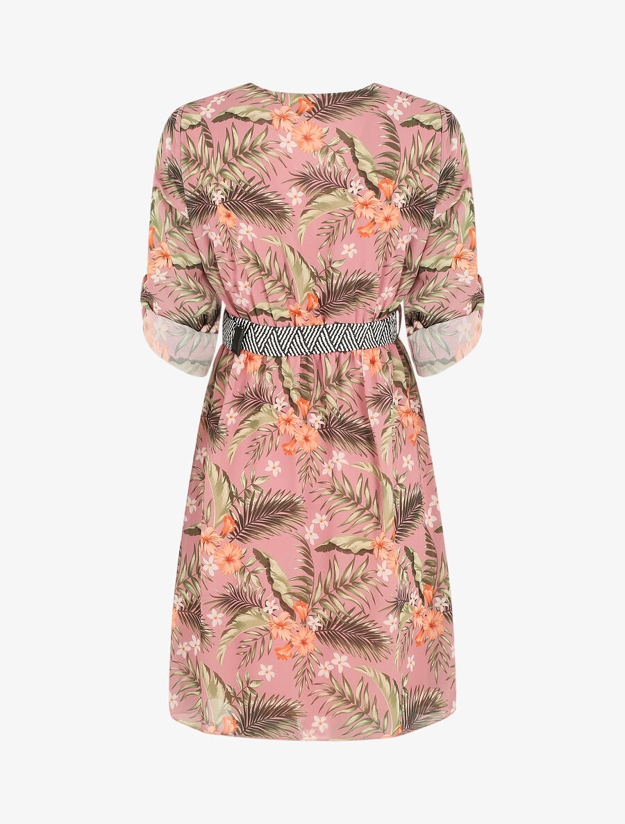 Robe imprimé tropical à taille élastiquée - Vieux rose - 2
