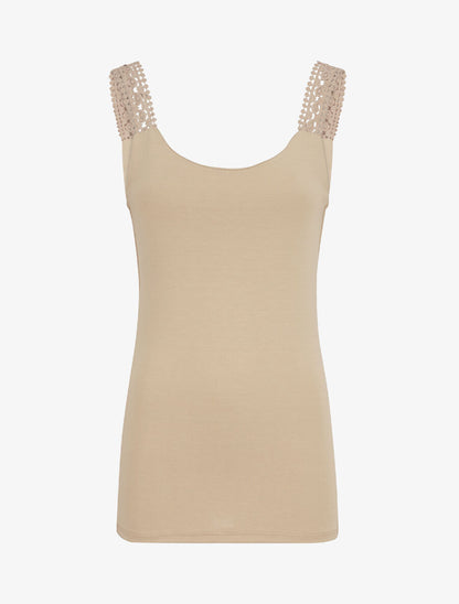 Débardeur coupe droite à bretelles en crochet - Beige - 1