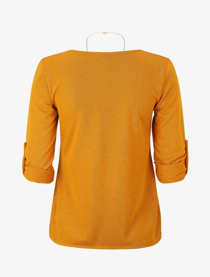 Pull fin uni à manches retrousssables - Jaune moutarde - 2