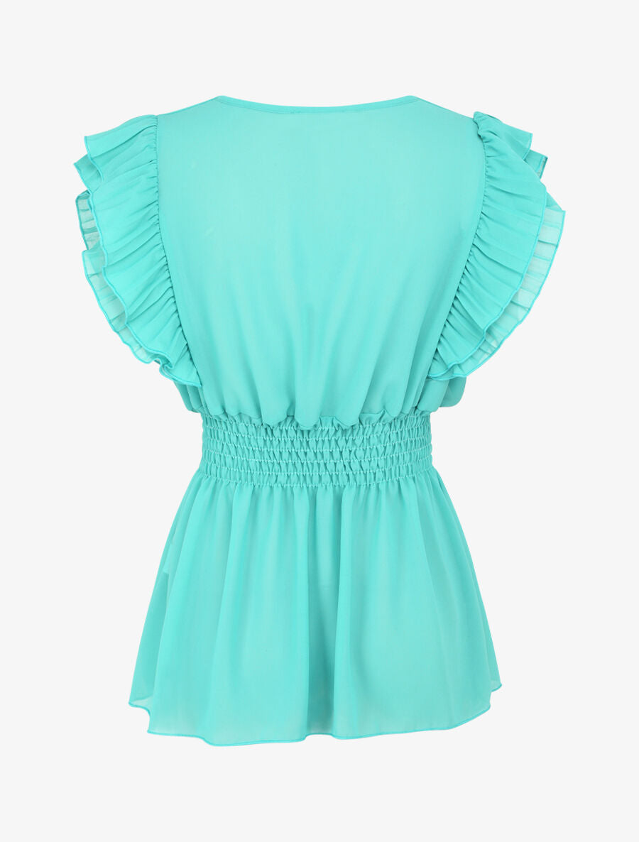 Top en voile à épaules volantées - Turquoise - 2