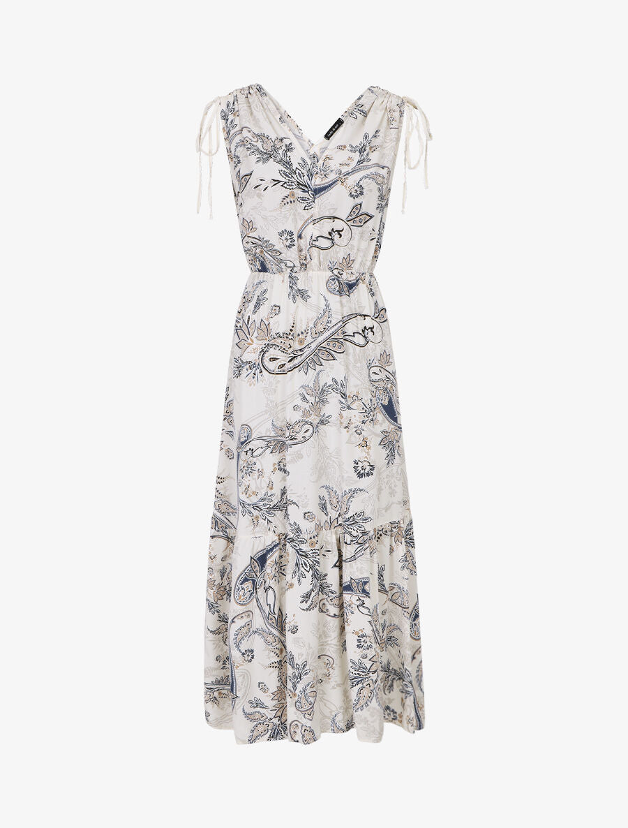 Robe longue élastiquée à imprimé foulard - Crème - 5
