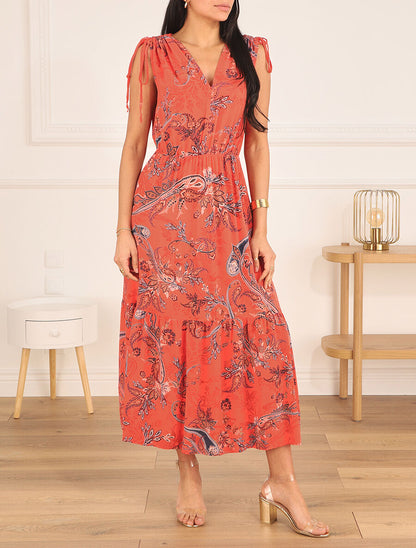 Robe longue élastiquée à imprimé foulard - Orange - 4