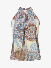 Top sans manches col américain imprimé fleurs baroques - Blanc - 1