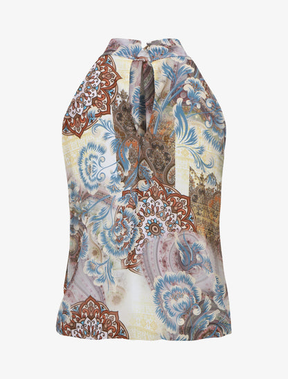 Top sans manches col américain imprimé fleurs baroques - Blanc - 2