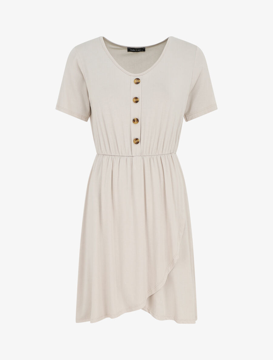 Robe boutonnée unie manches courtes - Beige - 5