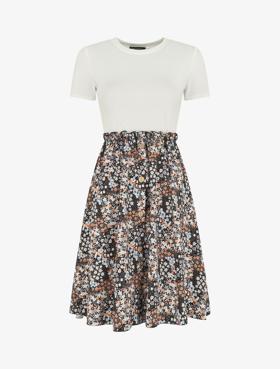 Robe bi-matière manches courtes imprimé fleuri - Noir/blanc - 1