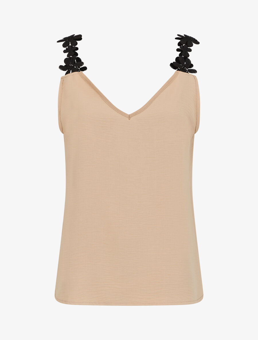 Débardeur droit à bretelles en dentelle - Beige - 1