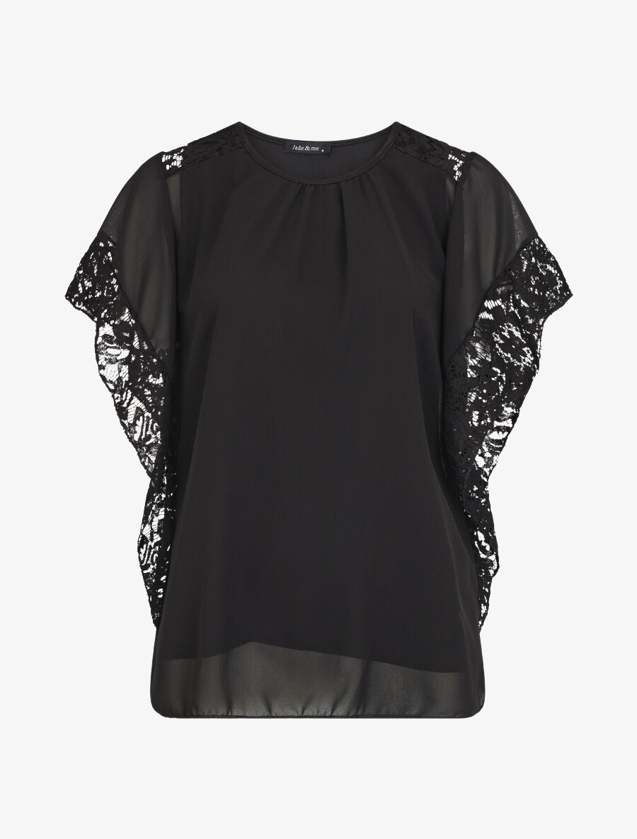 Top droit manches chauve-souris en dentelle - Noir - 1
