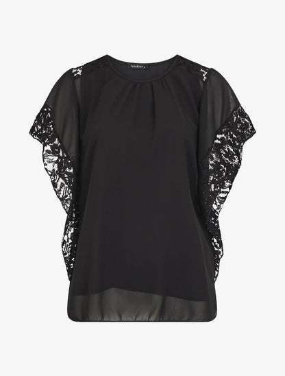 Top droit manches chauve-souris en dentelle - Noir - 1