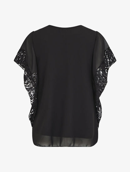 Top droit manches chauve-souris en dentelle - Noir - 2