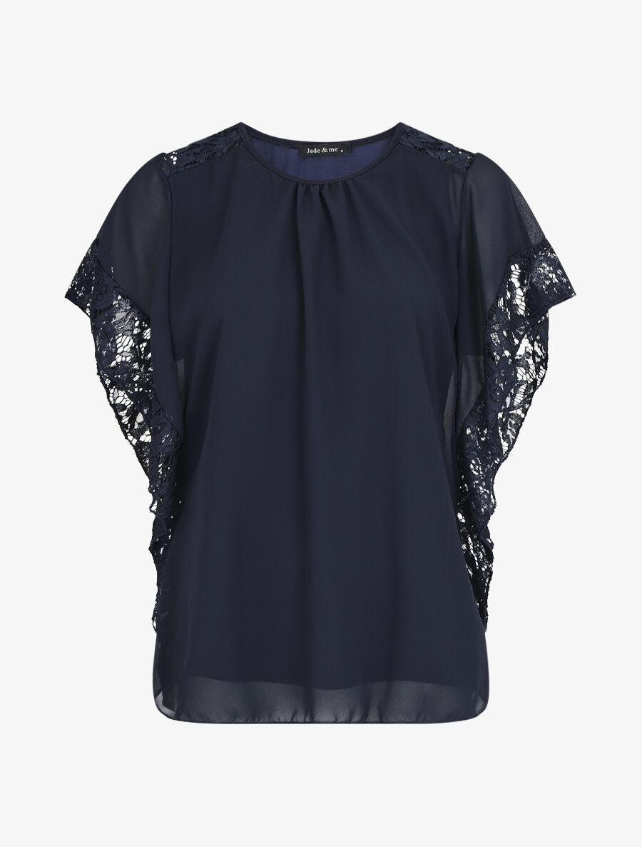 Top droit manches chauve-souris en dentelle - Marine - 5