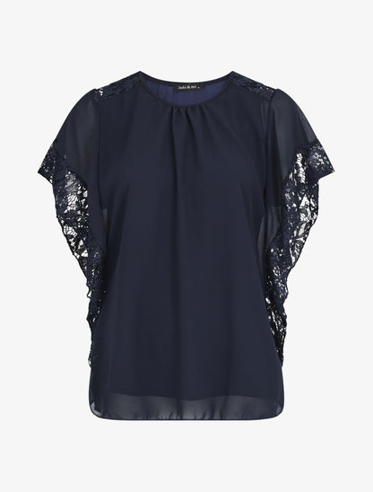 Top droit manches chauve-souris en dentelle - Marine - 5