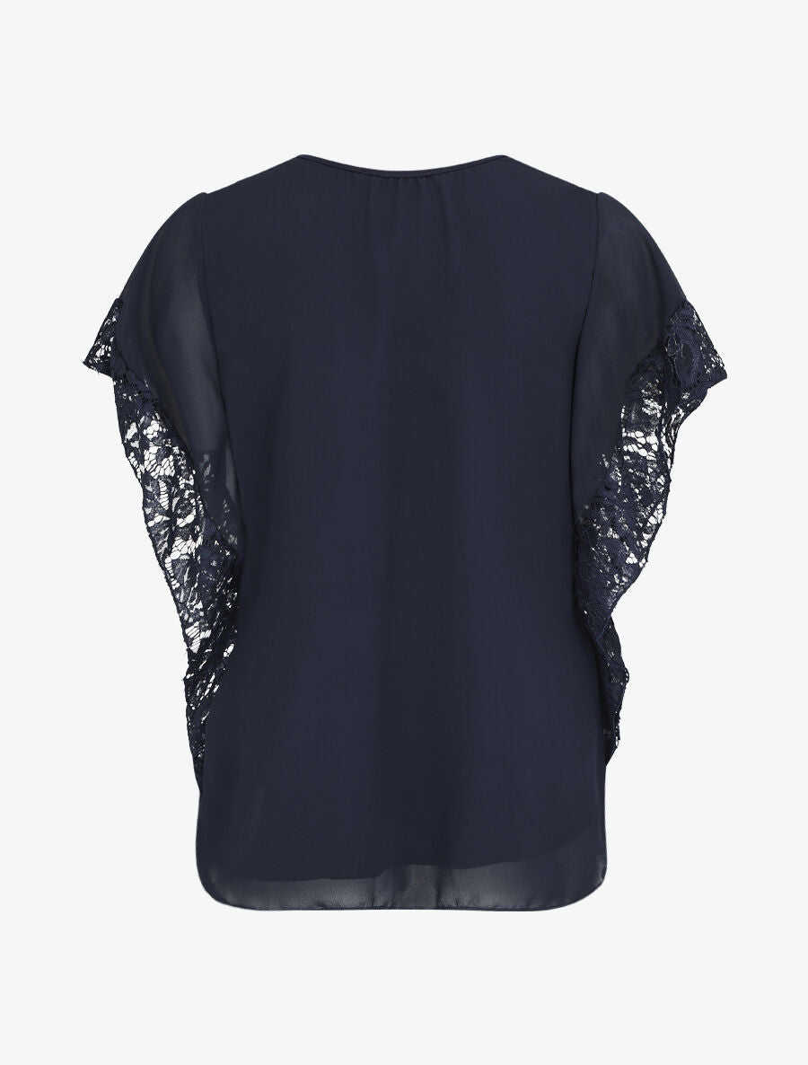Top droit manches chauve-souris en dentelle - Marine - 2