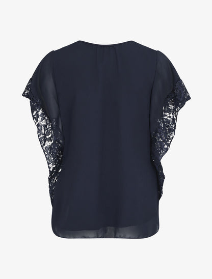 Top droit manches chauve-souris en dentelle - Marine - 2
