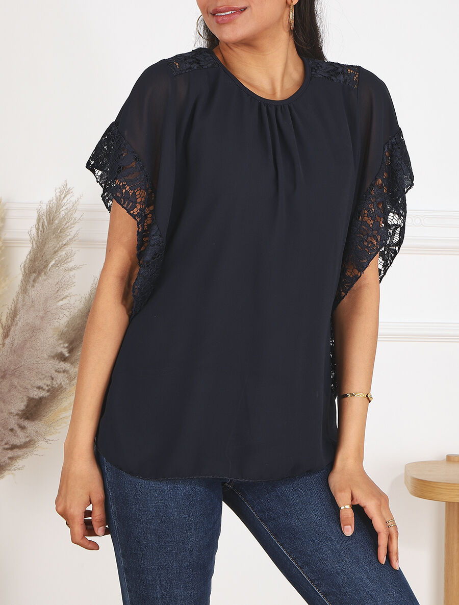 Top droit manches chauve-souris en dentelle - Marine - 4