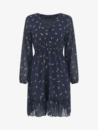 Robe courte manches longues à plumes paillettes - Marine - 1