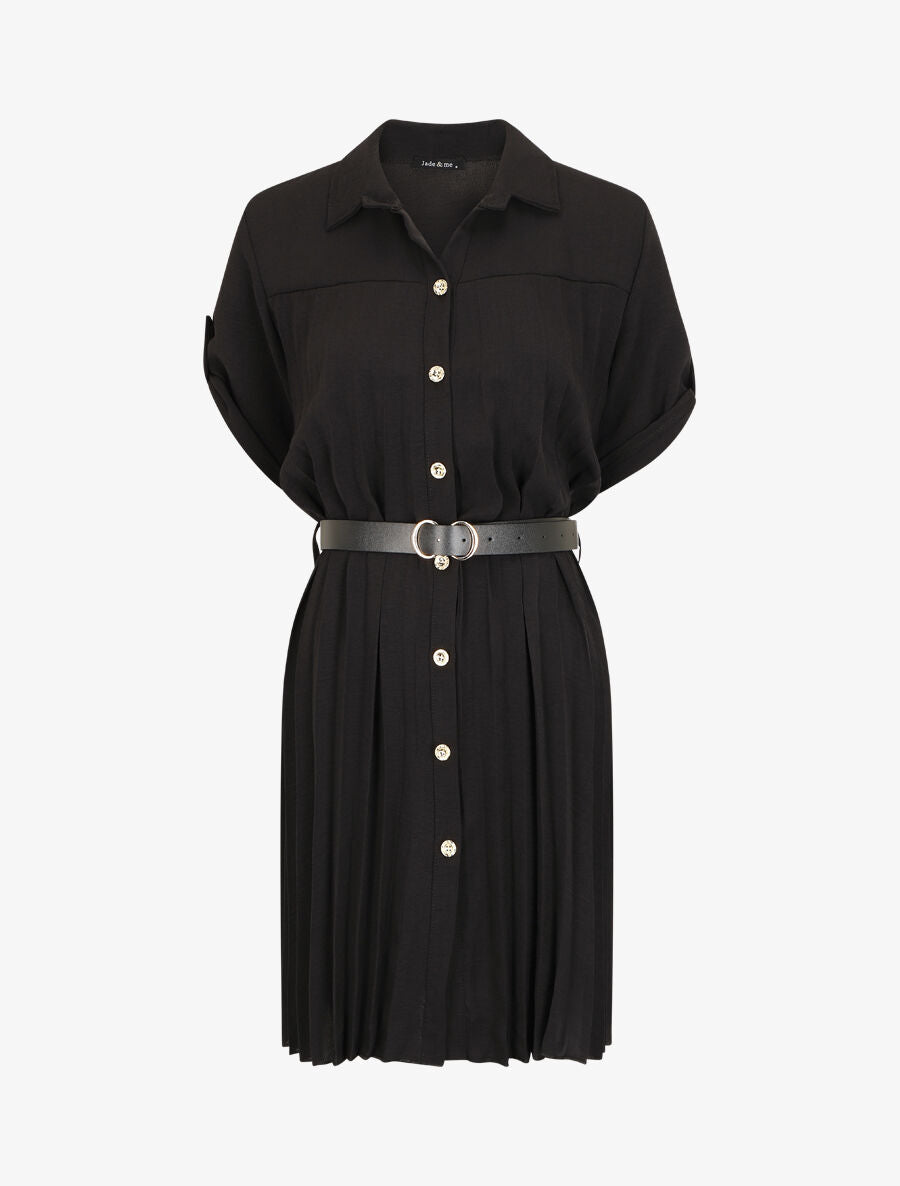 Robe chemise effet plissé à manches 3/4 - Noir - 1