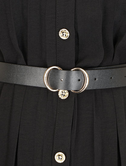 Robe chemise effet plissé à manches 3/4 - Noir - 3